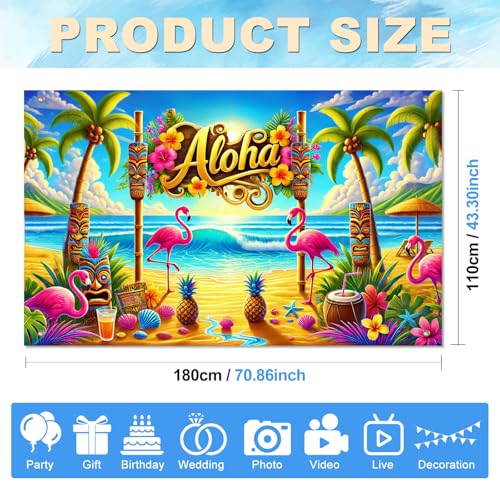 Image of BlissYard Aloha Beach Banner 71 x 43 Inch Hawaiian Luau Party Decorations Summer Beach Backdrop with Flamingo Tiki Mask Palm Tree for Summer Pool Party Photo Booth Wall Decor