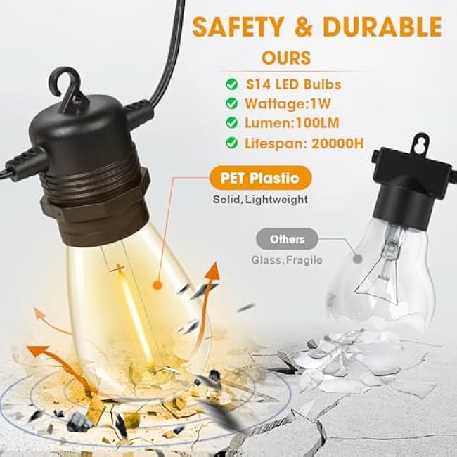 50FT LED Outdoor String Lights with 17 Shatterproof Waterproof S14 Replaceable Bulbs(2 Spare), 2700K Commercial Grade Patio Lights, Outside Hanging Light for Yard Garden Porch Deck Decor