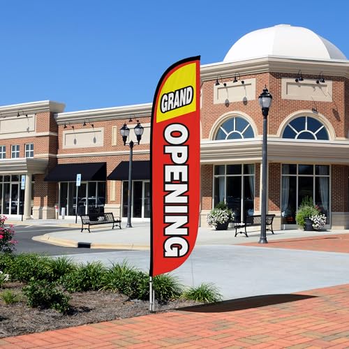 Image of LookOurWay Feather Flag Pole Kit - 12 Feet Tall Advertising Flag Banner with Fiberglass Pole Kit and Ground Spike for Business Promotion - Grand Opening Flags - Grand Opening Red & Yellow (10M1200028)