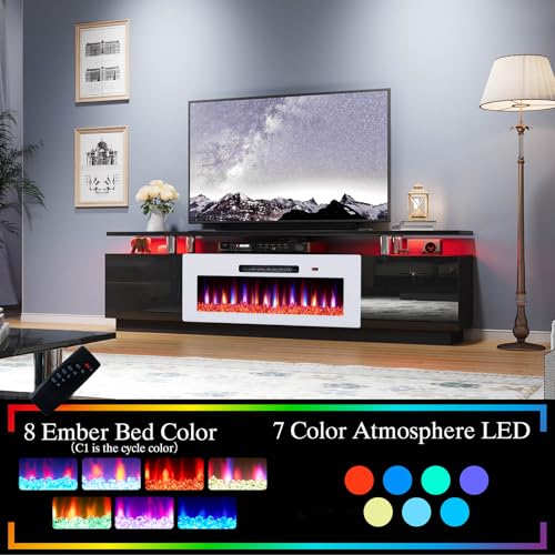 Image of AMERLIFE 80 inch High-Gloss Fireplace TV Stand with 40 inch Electric Fireplace | Black /White LED TV Console, Modern Living Room Entertainment Center, Fits TVs up to 90 inch, 2 Cabinets, 2-Tier Storage Space