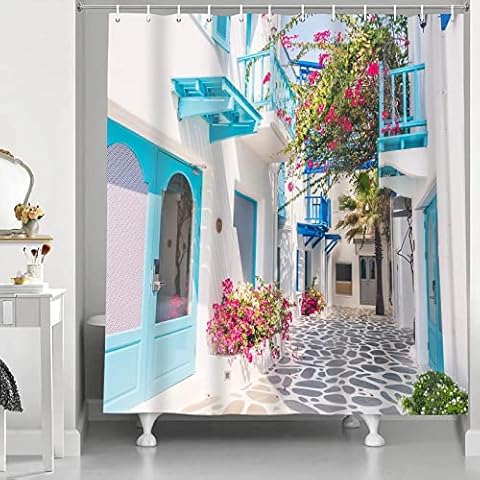 Abaysto Shower Curtain Best Greek Holiday Destinations Mykonos Island Waterproof Cloth Fabric Bathroom Decor Set with Hooks 72x72 Inch Cover