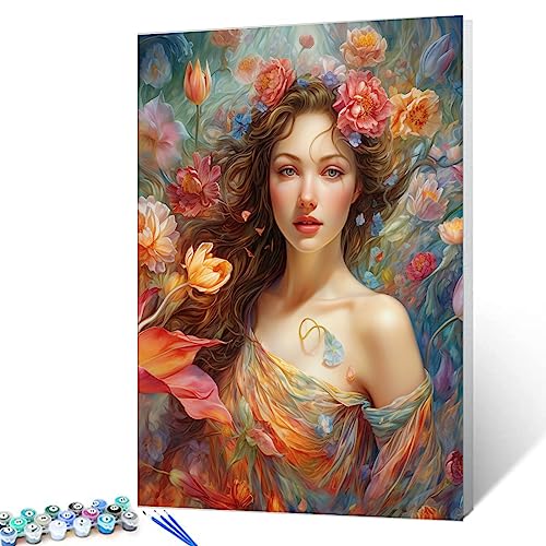 Colorful Tulip Flowers Paint by Number for Adults Beginner, DIY Digital Oil Painting Kits Canvas with Brushes and Acrylic Afro Girl ,Wildflowers Pictures Home Decor Boho Gifts 16x20inch (Frameless)
