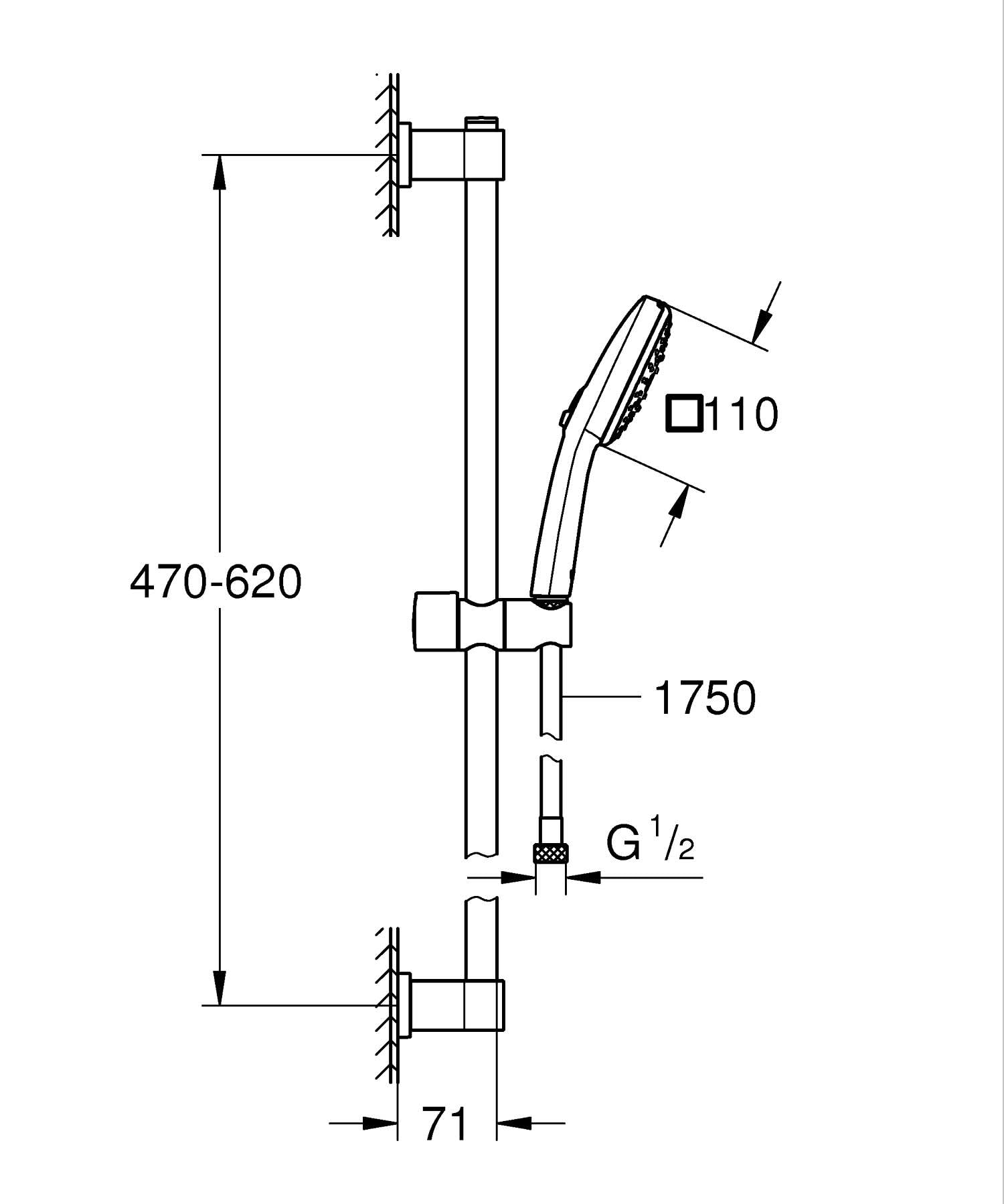 GROHE Vitalio Comfort 110 Set Saliscendi Doccia (3 getti Rain Jet Massage, asta 600 mm, flessibile 1,75 m, SpeedClean anticalcare), Cromo, 26096001