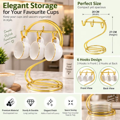 Image of Golden Metallic Cup and Saucer Stand - Set of 6 Cups Holder | Durable and Muti-Purpose Kitchen Rack | Exquisite & Stylish Design | Versatile Kitchen Countertop Rack