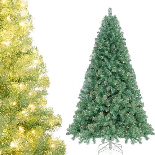COSTWAY 7.5 FT Pre-lit Christmas Tree, Realistic Xmas Tree with 1300 Branch Tips, 550 Warm Lights, 8 Modes, Folding Metal Support, Artificial Holiday Decoration Fake Trees for Party Home, Teal Green