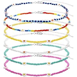 Collar De Perlas Aesthetic 6 Piezas Gargantilla Collar de Cuentas de Flores Hecho a Mano Bohemio para Mujer Beaded Necklace Collar Bonito Conjunto de Collar de Playa para Chicas Adolescentes