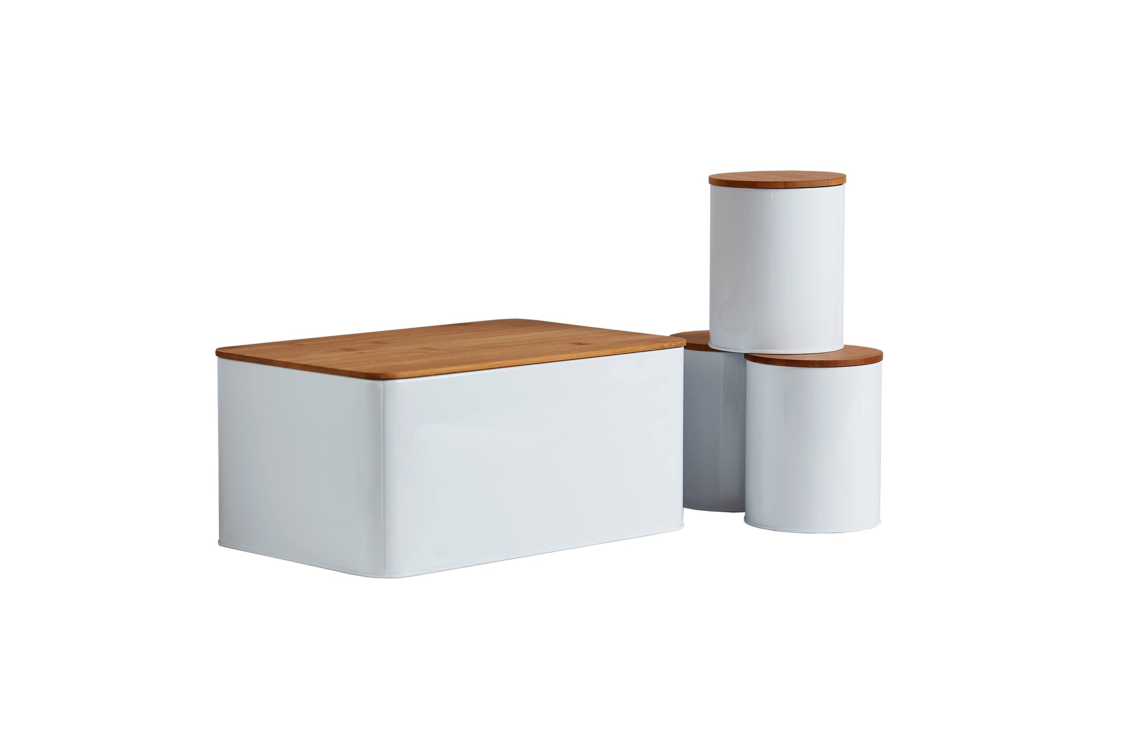 Wenko Panera Blanca y 3 Recipientes para Alimentos Herméticos con Tapa de Bambú, Tabla de Cortar Integrada, Paneras para Guardar el Pan, Organizador Cocina, 32,5 x 21 x 15cm, 11 x 13,6 x 11 cm