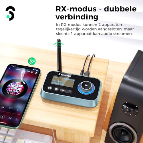 Image of Transmitter Receiver Adapter Audio Bluetooth 5.0 with Aux /Optical /RCA Cables, SOOMFON Audio Adapter Hi Fi with 3.5mm Jack and Optical, for TV, PC, CD Player, Home Stereo, Headphones, with LCD Display