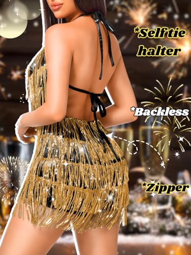 Image of Kaei&Shi Sequin Fringe Romper,Sparkly Glitter Metallic Jumpsuits For Women,Backless Shorts Dress Disco Birthday Dance Outfit