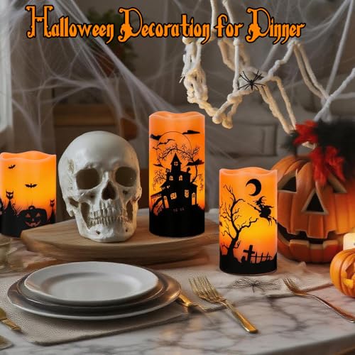 Image of Wondise Halloween Rechargable Flickering Flameless Candles with 6H Timer, Battery Operated LED Real Wax Candles with Charging Base Set of 3 Halloween Home Decoration Gifts(3 x 4 5 6 Inch)