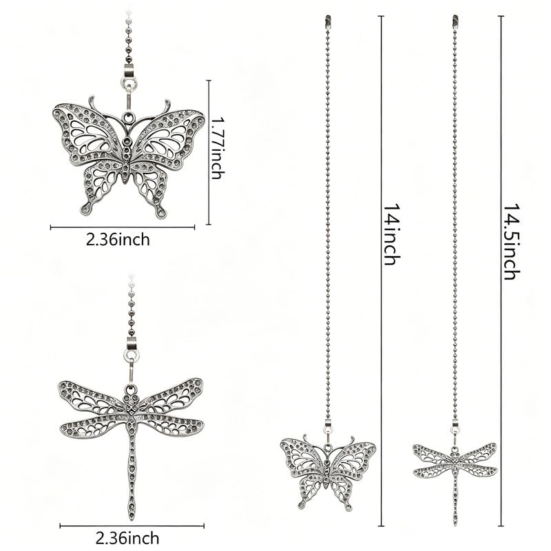 Image of 4Pcs Dragonfly and Butterfly Ceiling Fan Pull Chain, 14inch Fan Light Extender Pendant Ornaments Extension,Orb Black and Nickel
