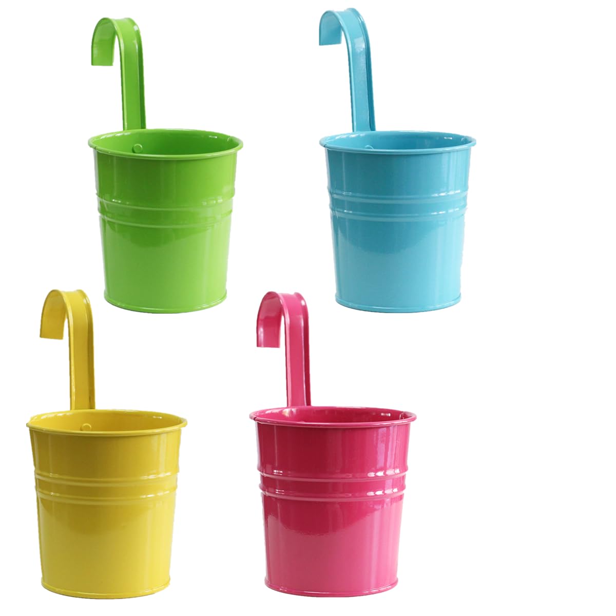 Ikruidy Hanging Flower Bucket 4 pieces Hanging Garden Planter 10cm Metal Plant Pots with Detachable Hooks and Drainage Hole for Balcony Fence Garden Home Decor