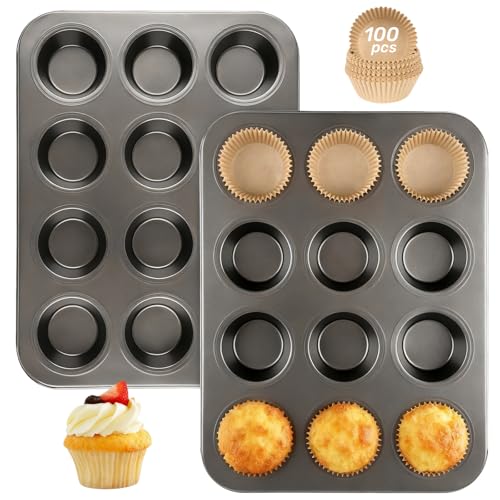 Artcochan 2 Pack Muffin Pan with 100 Cupcake Liners, 12 Cup Nonstick Cupcake Pan for Baking, Carbon Steel Baking Supplies Muffin Tin