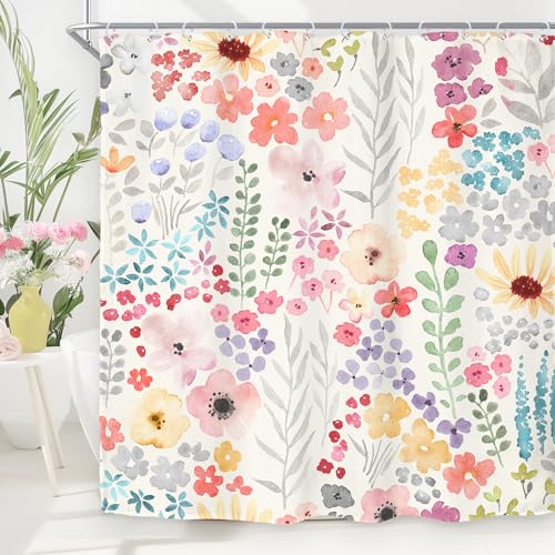 Riyidecor Cute Floral Colorful Shower Curtain Spring Boho Kids Girls Girly Wildflower Pink Watercolor Fabric Cloth Bathroom Curtains Funky Trendy Plant Bathroom Decor Set with Hooks 72x72 Inch