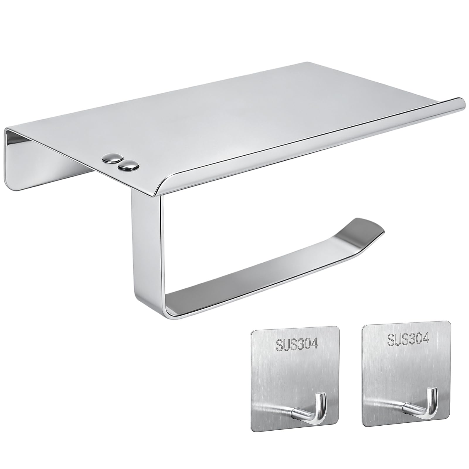 FALSKT Porta Carta Igienica con Porta Cellulare con 2PCS Ganci Adesivi Inox Installazione con Viti Porta Rotolo Carta Igienica da Parete Portarotolo Carta Igienica Argento per Carta WC Cromato