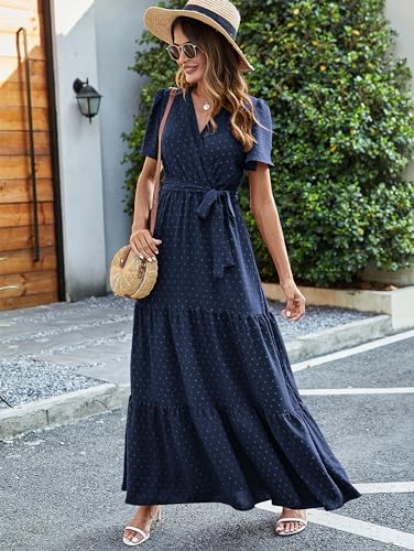 Image of MASCOMODA Women Boho Swiss Dot Maxi Dresses Wrap V Neck Flutter Short Sleeve Solid Tie Waist A Line Tiered Flowy Long Dresses