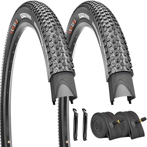SIMEIQI 2 Pack 26x2.125 Bike Tires with 2 Inner Tubes AV 32mm Schrader 2 Levers Replacement Bicycle Tires for Mountain Trail Road City Pavement (26x2.125) Cover