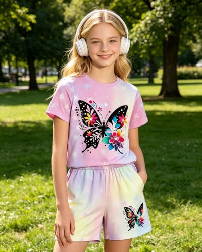 Image of 7-14Y Tween Girl Clothes 2 Piece Short Sleeve Tie Dye Heart Print Top and Shorts Teen Girl Summer Outfits Short Set