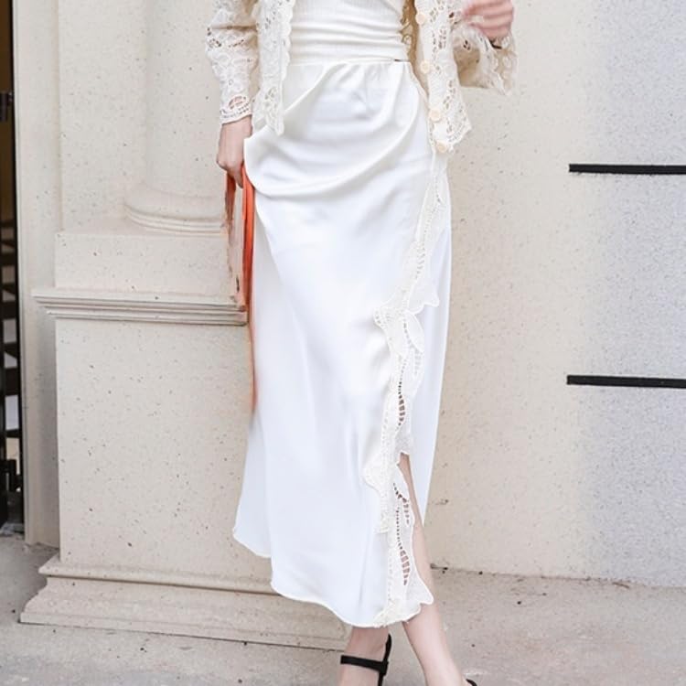 Gonne Midi in Raso da Donna con Spacco Laterale, Elastico in Vita, Vita Alta, Eleganti Gonne in Pizzo Patchwork, Elegante Abito da Sera per Uscite, Ufficio, Vacanze
