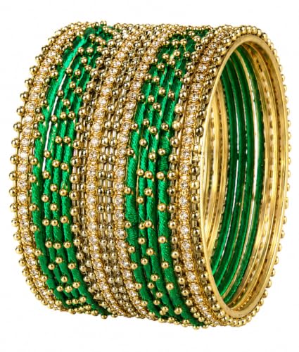 Image of NMII Non-Precious Metal with Base Metal and Zircon Gemstone Studded Ball Chain Linked Glossy Finished Silk thread Bangle set for Women and Girls