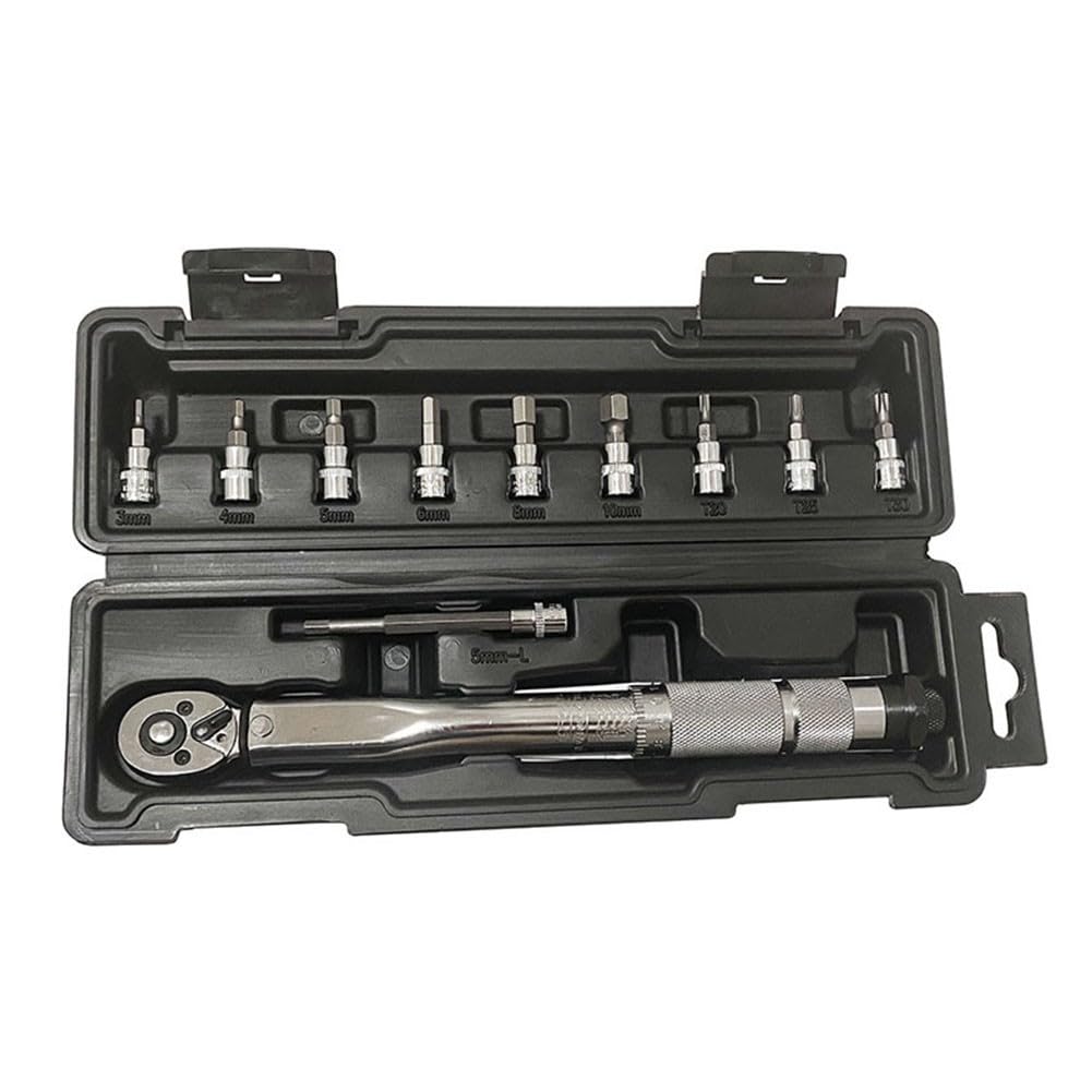 EasyByMall Set di chiavi dinamometriche a scatto da 1/4", 5 – 25 Nm, con 9 prese e asta di prolunga, per riparazione auto e bici, 11 pezzi