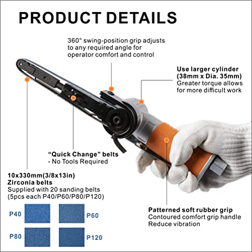 Image of Air Belt Sander 3 /8 inch x 13 inch Belt Size Pneumatic Tool with 12pc Belts (#40, #60, #80 & #120), Good for Deburring, Sanding and Finishing (3 /8 inch x 13 inch Sander)