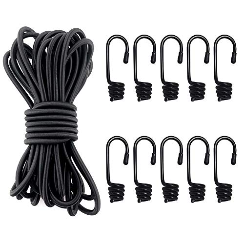 AFASOES Pulpos Elásticos Transporte 8 mm x 10 m Tensor Cuerda Elástica Cuerda Elástica Negra 33 Pies + 10 Pcs Ganchos de Acero para Maletero Coche Moto Bici Camping Remolques Toldos y Lonas (11piezas)