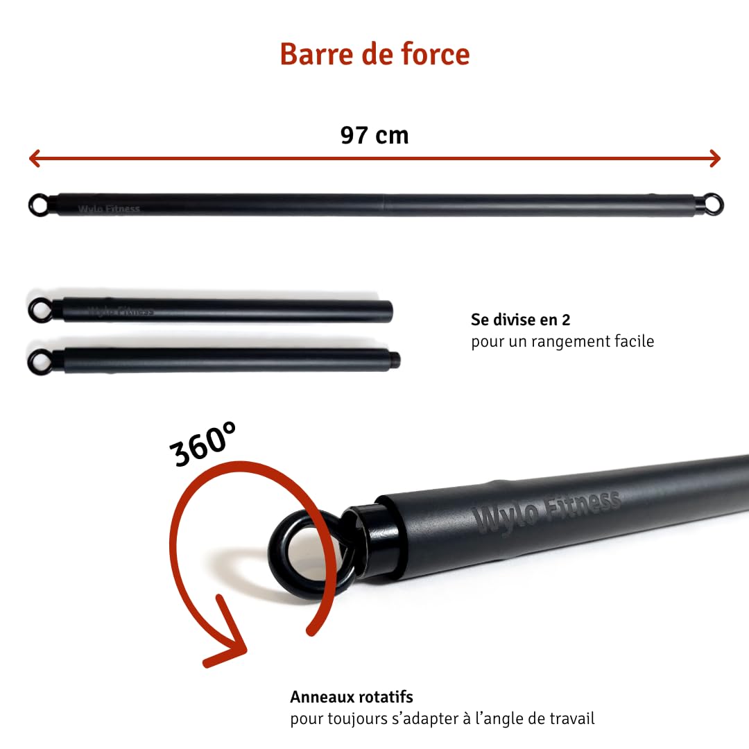 Pack de Musculation Élastiques + Sangles de Suspension | 6 élastiques (5 à 70kg) | 10 Accessoires (Barre, poignées, Sangles de Cheville, ancrages de Porte et de Pieds, Sac de Transport) (70 kg)