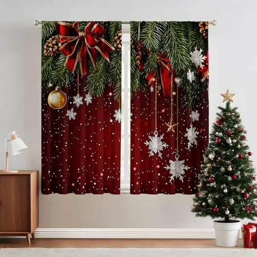 XIUWOUG Cortinas para Salón y Dormitorio, Estampado con Copos de Nieve y Agujas de Pino, Cortina Opaca, Cortinas Opacas 30%-50%,I,75x166 cm(2 Panels)