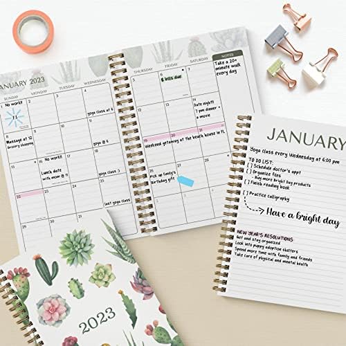 2023 Annual Planner by Bright Day, Yearly Monthly Weekly Daily Spiral Bound Dated Agenda Flexible Cover Tabbed Notebook, 8.25 x 6.25, Succulents