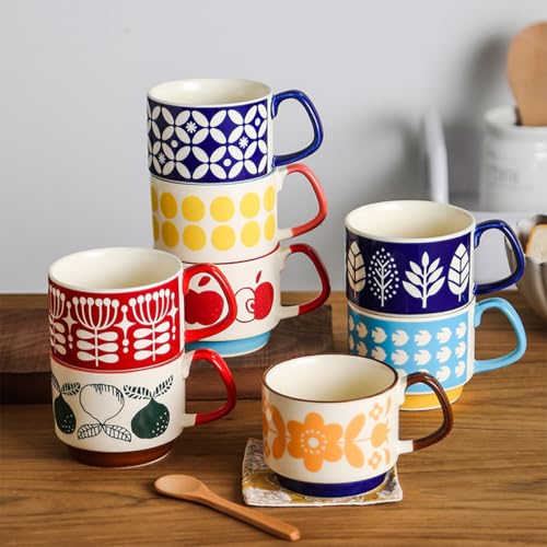 Image of Spooky Japanese Retro Ceramic Coffee Mug - 300ml Printed Stackable Cup with Handle - Hanging Design for Milk, Tea & Espresso - Ideal Gift for Couples, Home or Cafe (Blue and White - Bird)
