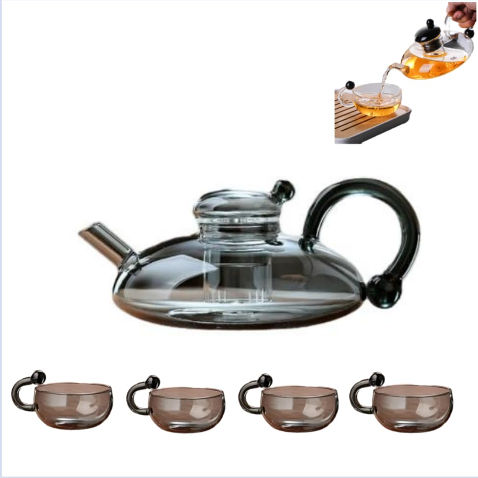 AUDIRS Juego de tetera de cristal filtrante, tetera con infusor, juego de té de vidrio grueso extraíble resistente al calor, adecuado para té a granel y café (con 4 tazas de té gratis)