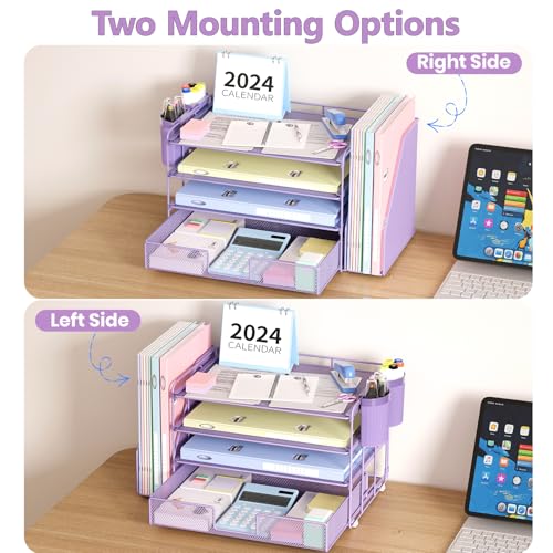 Image of OPNICE Desk Organizer, 4-Tier Desktop File Organizer with Drawer and Pen Holders, Office Desk Accessories, File Sorters, Workspace Organizers for Office Supplies(Purple)