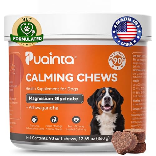 PUAINTA Calming Chews for Dogs Dog Calming Supplement with Magnesium Glycinate Melatonin L-Theanine L-Tryptophan & Ashwagandha for Anxiety Stress Travel Separation & Thunderstorms (90 Count)