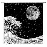 Black White Ocean Moon Shower Curtain Japanese Great Wave Full Moon Planet Ocean Waves Fantasy Starr
