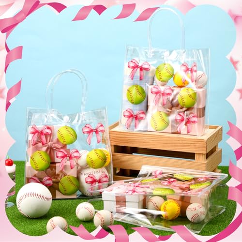 Image of Teenyyou 24 Pcs Softball Clear Gift Bag with Handles Plastic Soft Ball Goodie Sport Theme Party Favor Team Treat Bag with Pink Bow for Birthday Team Snack, 8 x 8 x 3.15 Inches