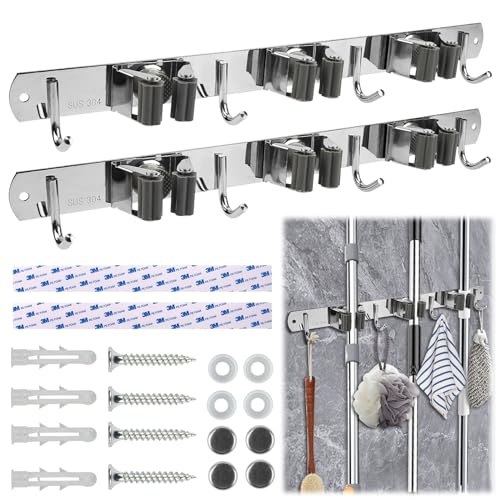 VFANDV Colgador Escobas y Fregonas 2 Piezas, Soporte Sujeta Escobas Pared Cuelga Acero Inoxidable con 3 Posiciones y 4 Ganchos Cuelga Escobas para Cocina Baño Garaje Jardín