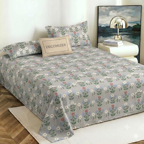 Image of DECOMIZER 240 TC Microfiber Soft Cotton Printed Single Bed Bedsheet for Diwan Bed, Size 60 Inches X 90 Inches, 152 X 230 cm with 1 Large Size Pillow Covers - GreyLeafFlower