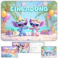 Set mit 12 Stich, Lilo und Angel Einladungskarten für Geburtstag mit passenden Umschlägen – für Kinder, Mädchen und Teenagerinnen - Vorgefüllte Karten auf Deutsch für Geburtstagsparty und Feier
