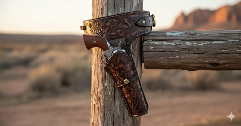 TJAYZ 38/357 Caliber Western Gun Belt and Holster – American Company Full Grain Leather Cowboy Heritage Rig, Tooled Revolver Holster, Right Hand Draw, SASS Cowboy Action