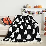 Smoofy Throw Blanket Halloween Blanket with White Ghost Black Throw Blankets for Bed and Couch Soft Fluffy Fleece Blanket 50x60 inches