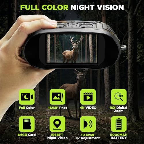 Image of Night Vision Goggles 4K 112MP, 18X Zoom Infrared Binoculars with 5000mAh Long Battery Life, 1968ft Range, 64GB Card Included, Full Color Night Vision for Hunting Camping Security Surveillance