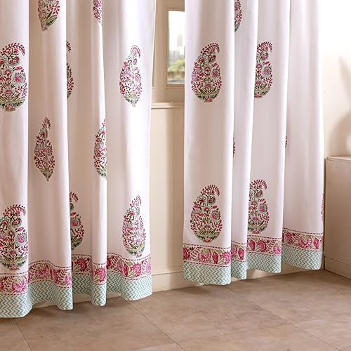 Image of LINENWALAS Decorative Printed Cotton Semi Sheer Curtains 7 Feet Long Set of 2 Panel, Eyelet Ring Hanging, Paisley Bloom Curtains for Children Room, Living Room, Home Decor (L-7 x W-4.5 Feet), White
