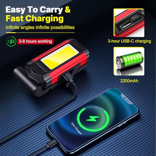 Image of Magnetic Work Light Rechargeable Flashlight Portable Led Work Light 7 Flashlight Modes with Rotatable Stand Magnetic Base Type-C Charging for Car Reparing Camping Emergency Hunting Pack of 2