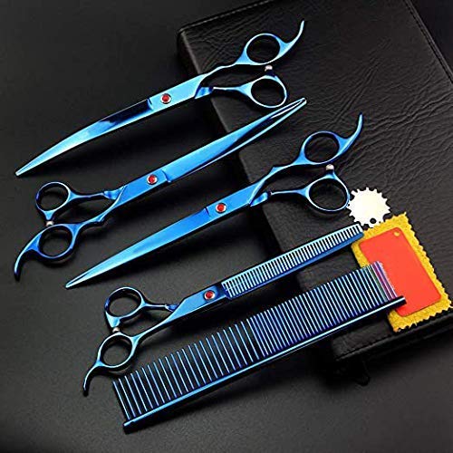 QZH Juego de Tijeras de Acero para el Cuidado de Mascotas de 8.0 Pulgadas, Juego de Tijeras de Corte y Adelgazamiento Rectas y Curvas, Cortador de Pelo de Gato Azul con Peine, Azul