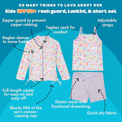Image of SwimZip Girls' 3 Pc Swim Set w /Long Sleeve Rash Guard, Tankini & Shorts UPF 50+