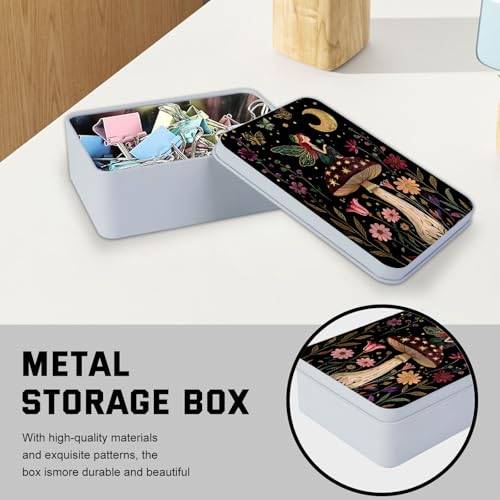 Image of Metal Tin Box with Lid,Multi-functional Storage Box Can Store Tea Biscuits Game Cards, Playing & Tarot Cards-Comes with 4 Magnetic Cord Clips,Mushroom Fairy