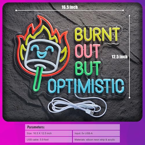 Image of Burnt Out But Optimistic Neon Sign Marshmallow Decorations Positive Affirmation LED Light for Wall Decor