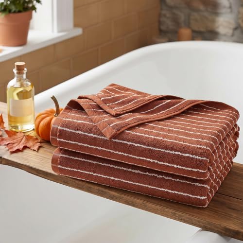 Image of Terracotta Striped Bath Towels Set of 2, Fall Bathroom Decor & Shower Towel