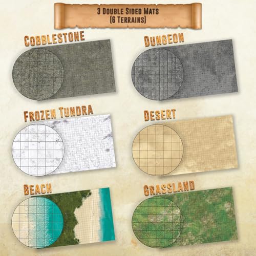 Image of Melee Mats DND Map Starter Set for Dungeons and Dragons - 24 inch x 36 inch 3 Pack Double Sided, Wet & Dry Erase Battle Terrain Grid - Tabletop Board Gaming Kit with Accessories